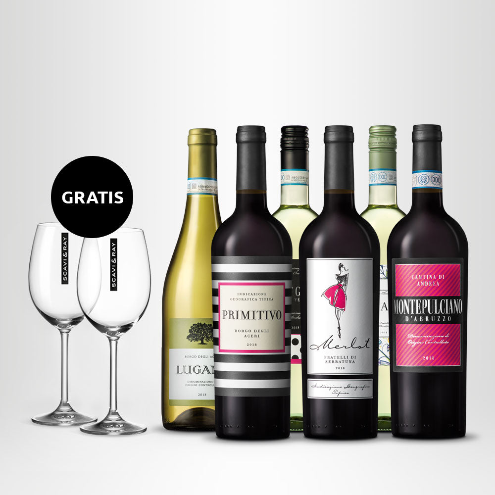 SCAVI & RAY Italian Taste Wein-Set (3x Rotwein, 3x Weißwein) + 2x Weinglas GRATIS