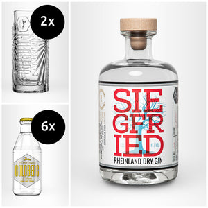 SIEGFRIED Rheinland Dry Gin + 6x GOLDBERG Tonic nach Wahl + 2x Highballglas