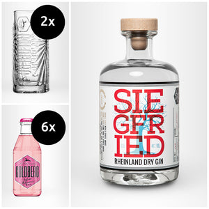 SIEGFRIED Rheinland Dry Gin + 6x GOLDBERG Tonic nach Wahl + 2x Highballglas