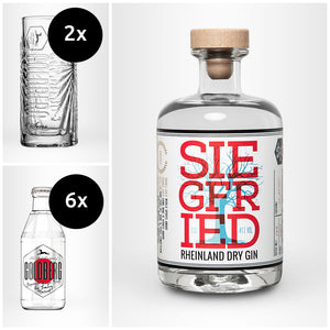 SIEGFRIED Rheinland Dry Gin + 6x GOLDBERG Tonic nach Wahl + 2x Highballglas